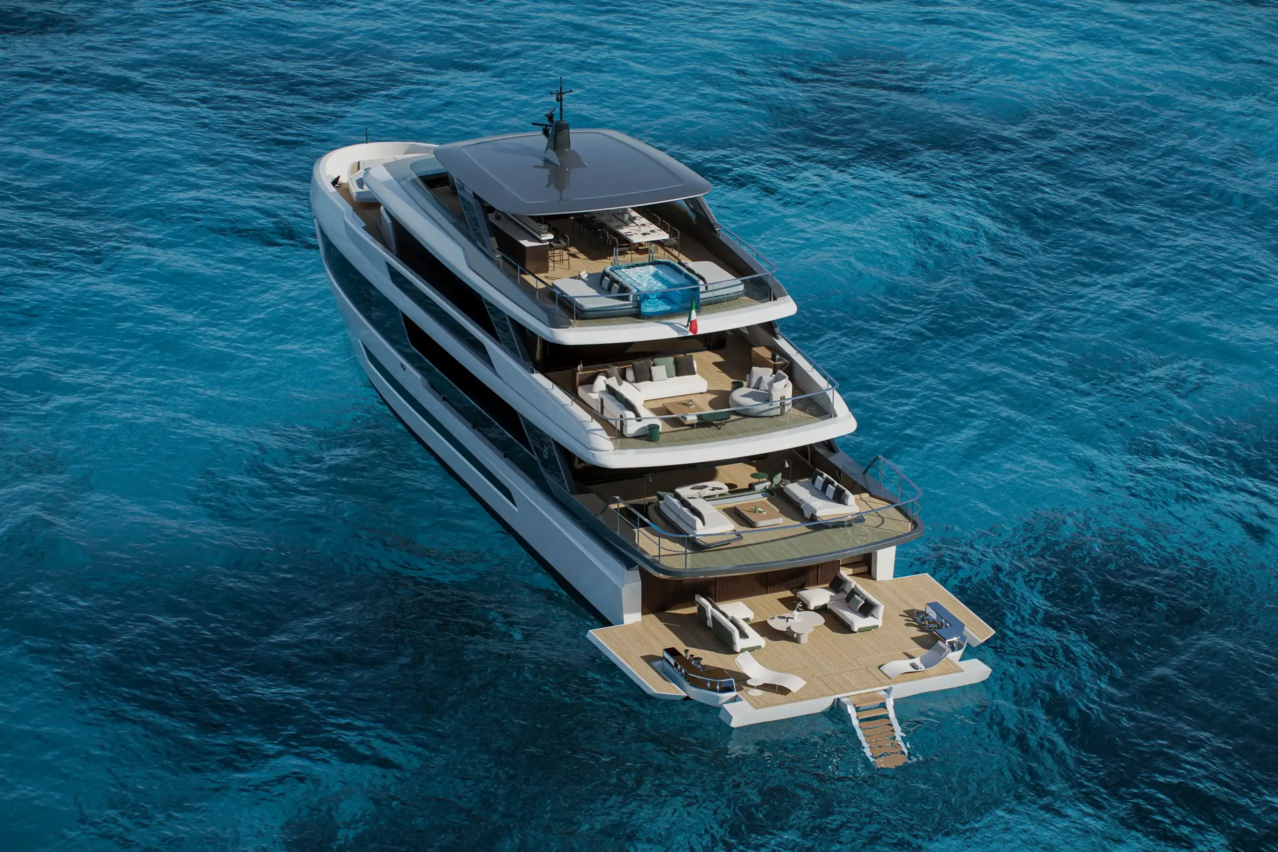 Contemporary superyacht exterior rendering with panoramic glazing
