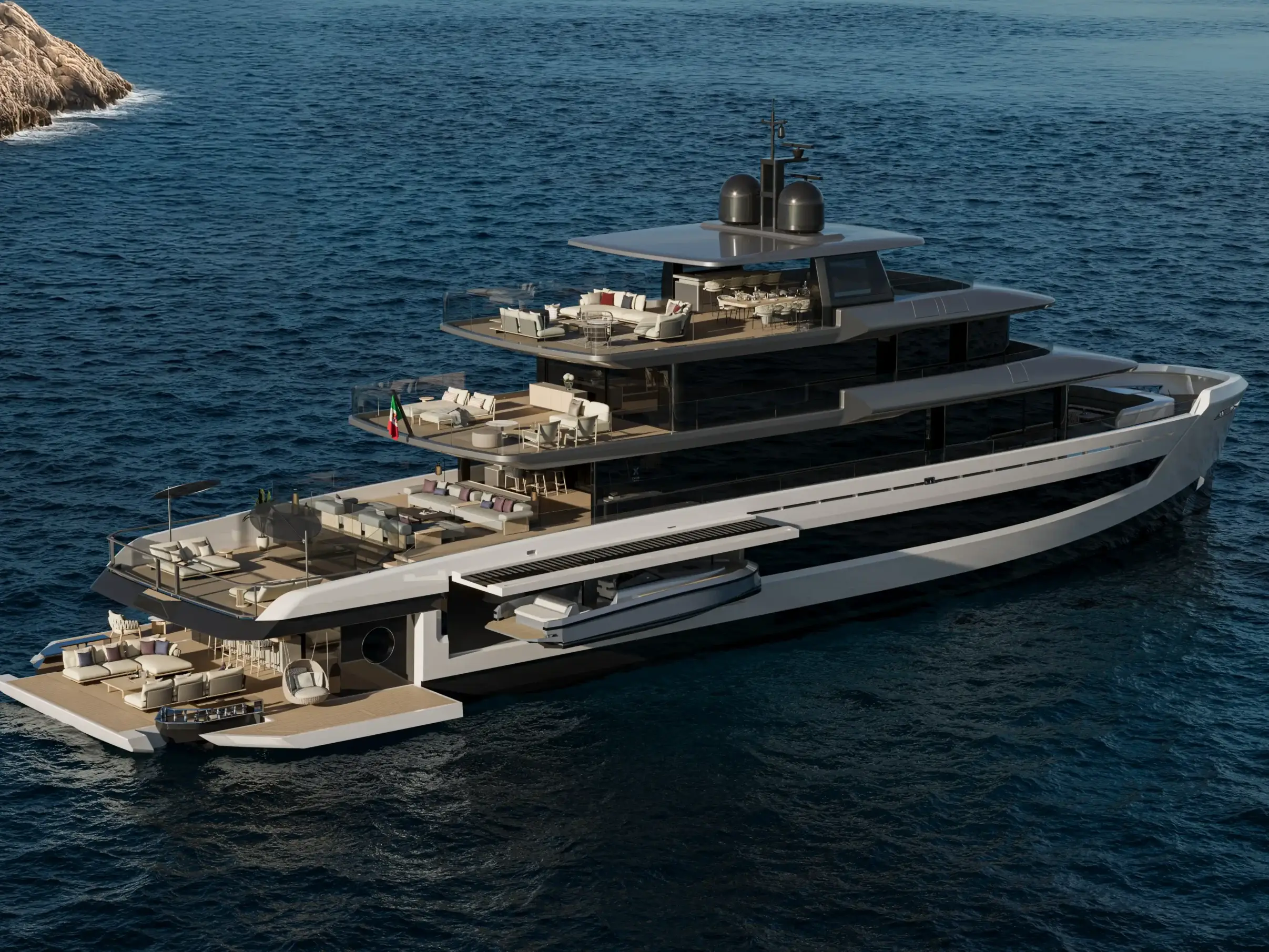 Exterior rendering of the Extra X145 Global with expansive outdoor decks