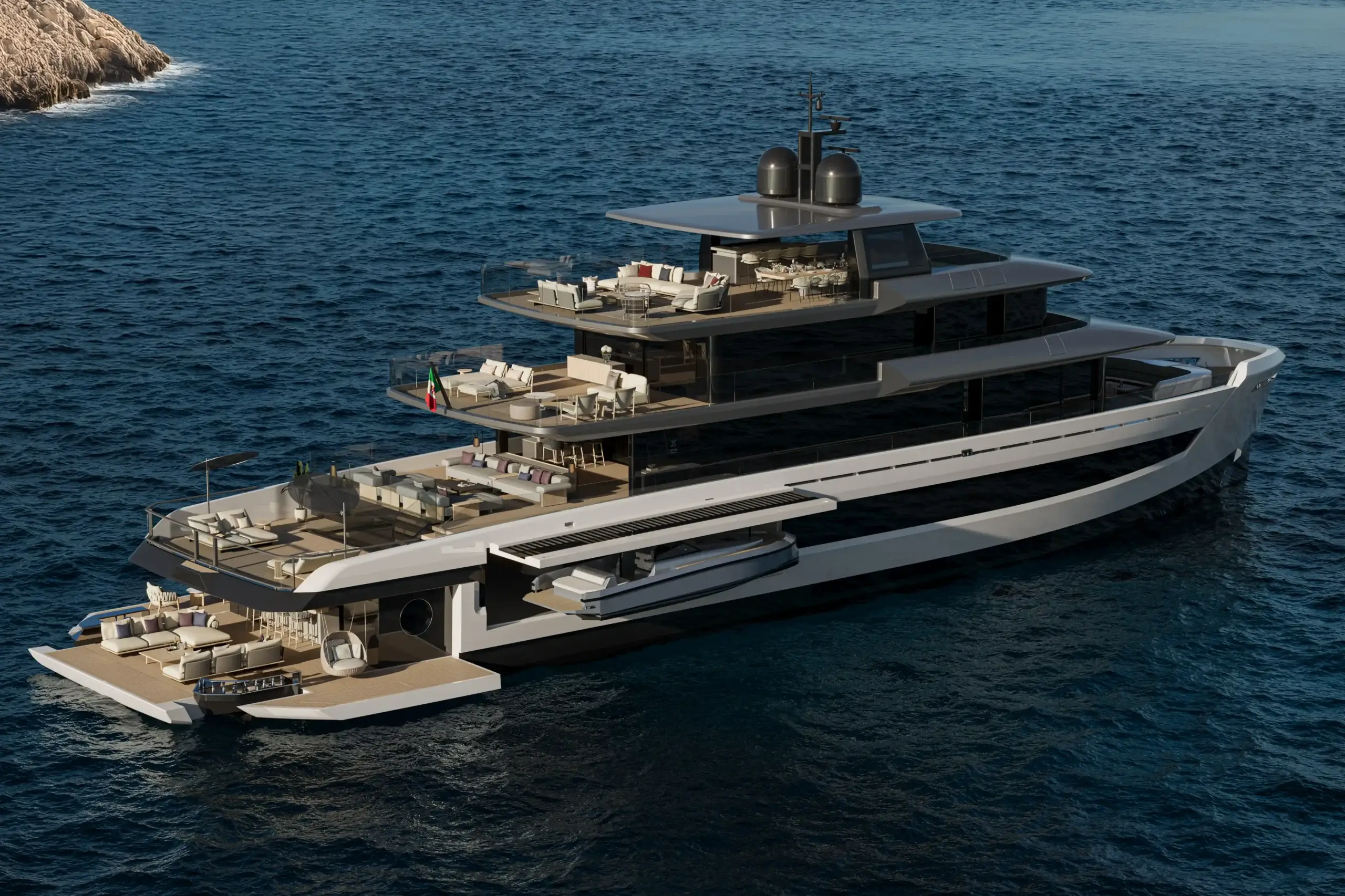 Exterior rendering of the Extra X145 Global with expansive outdoor decks