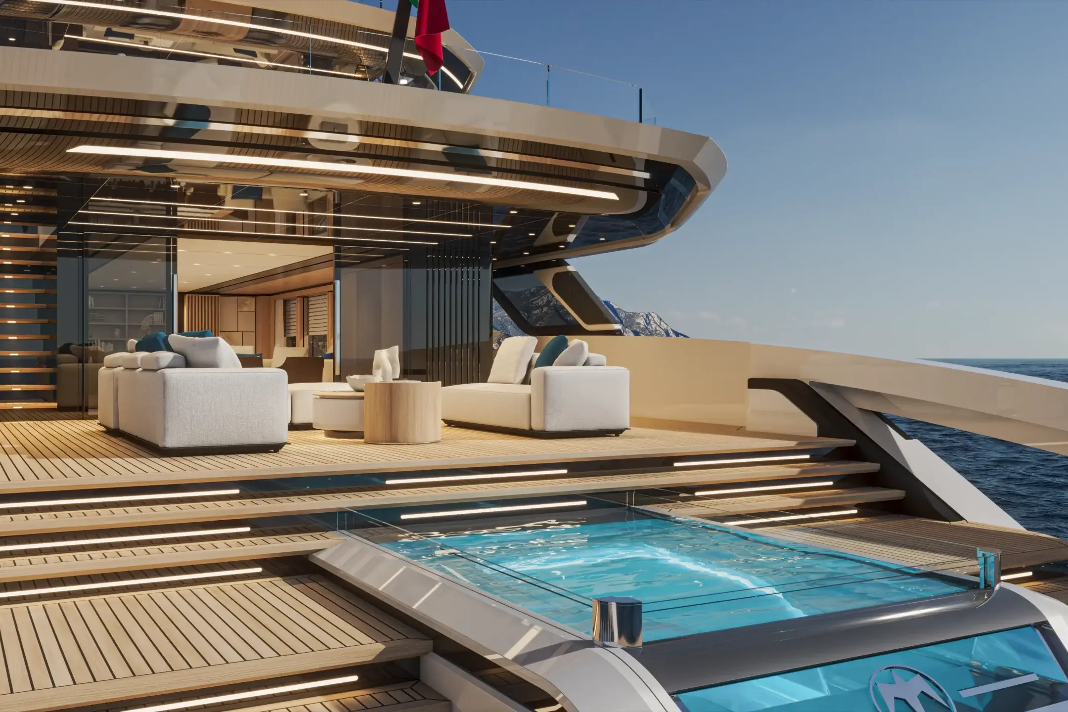 Baglietto DOM 155 aft deck exterior visualization with outdoor lounge