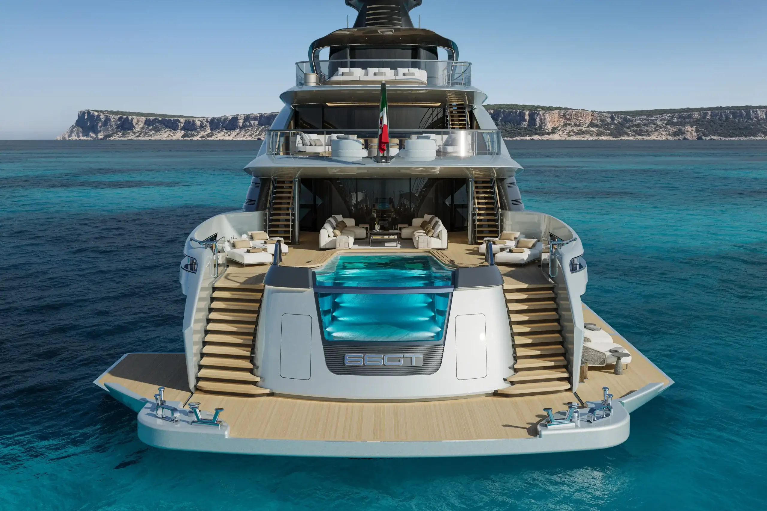 Starboard profile rendering of the ISA GT66 superyacht