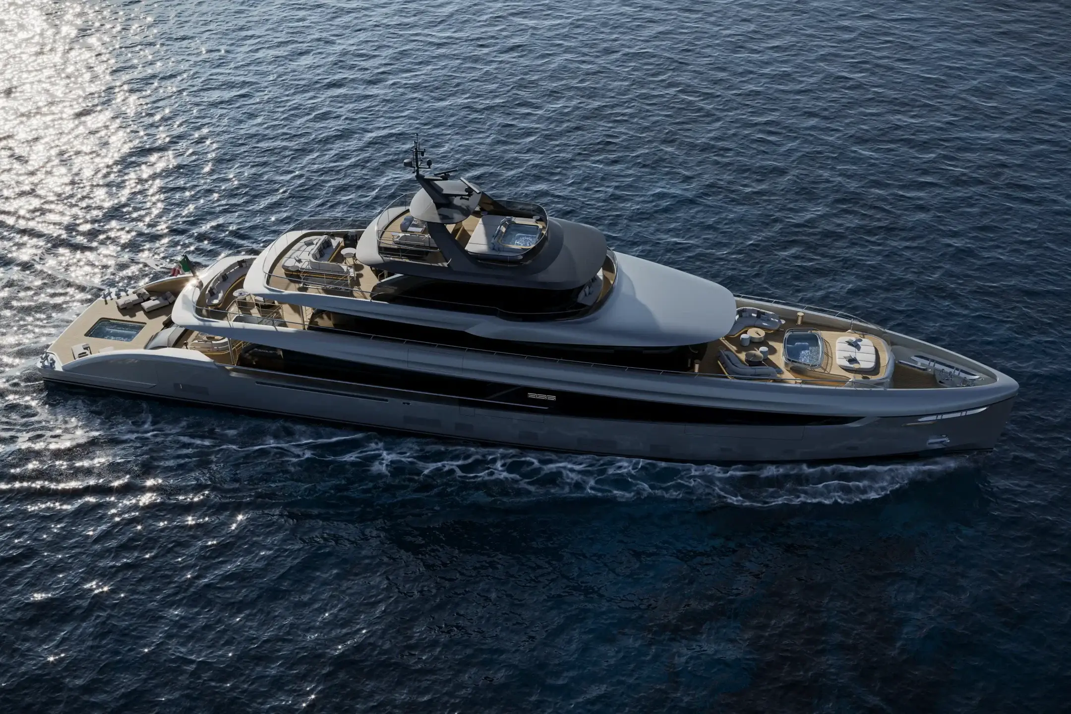 Luxury yacht visualization showcasing the sculpted exterior architecture