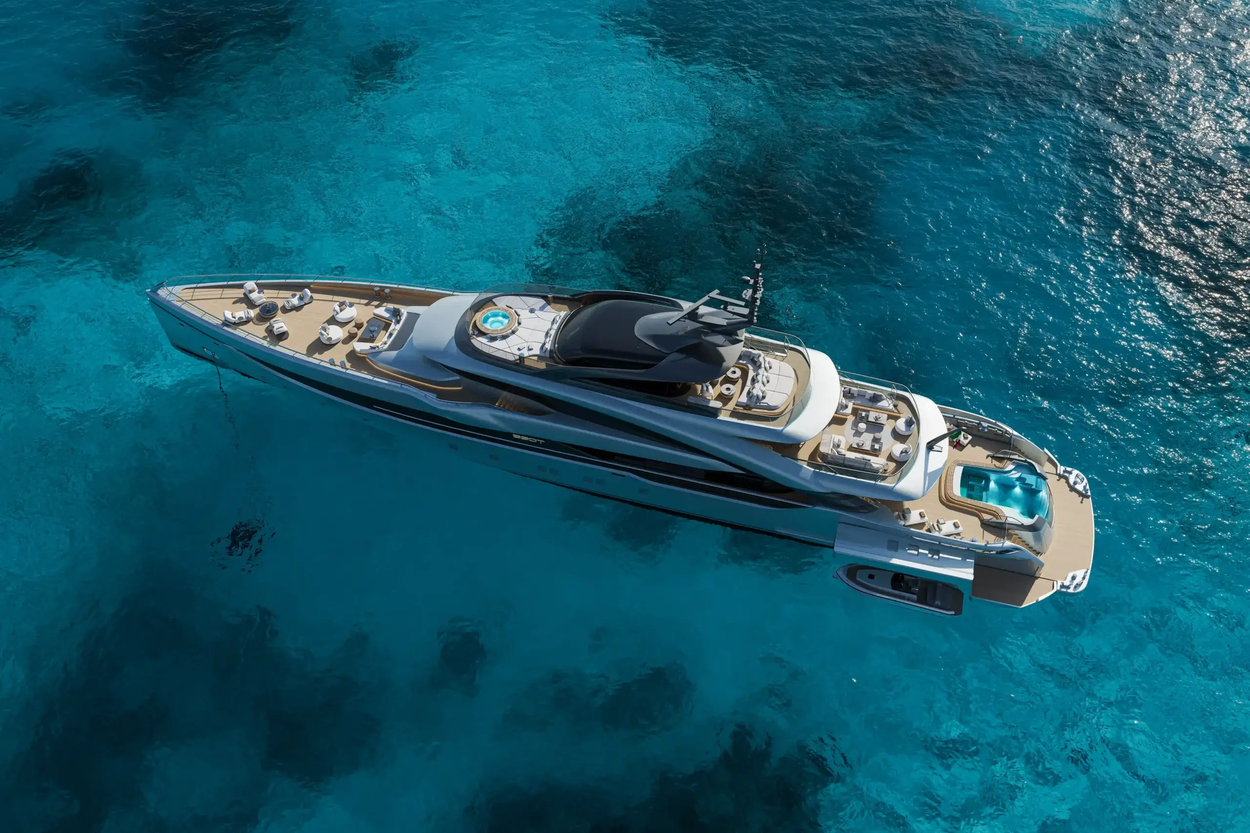 Aerial rendering of the ISA GT66 cruising in open water