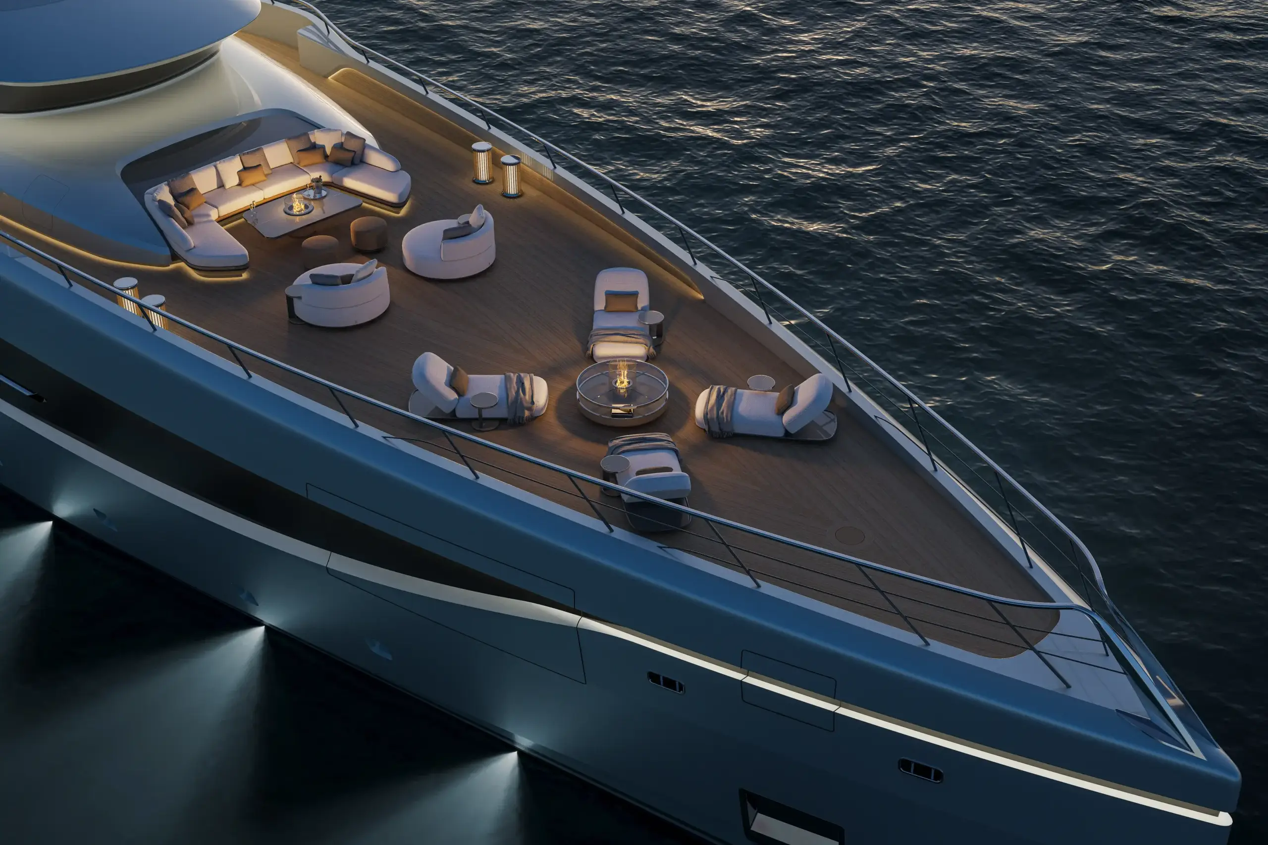 Luxury yacht visualization of the ISA GT66 at sunset