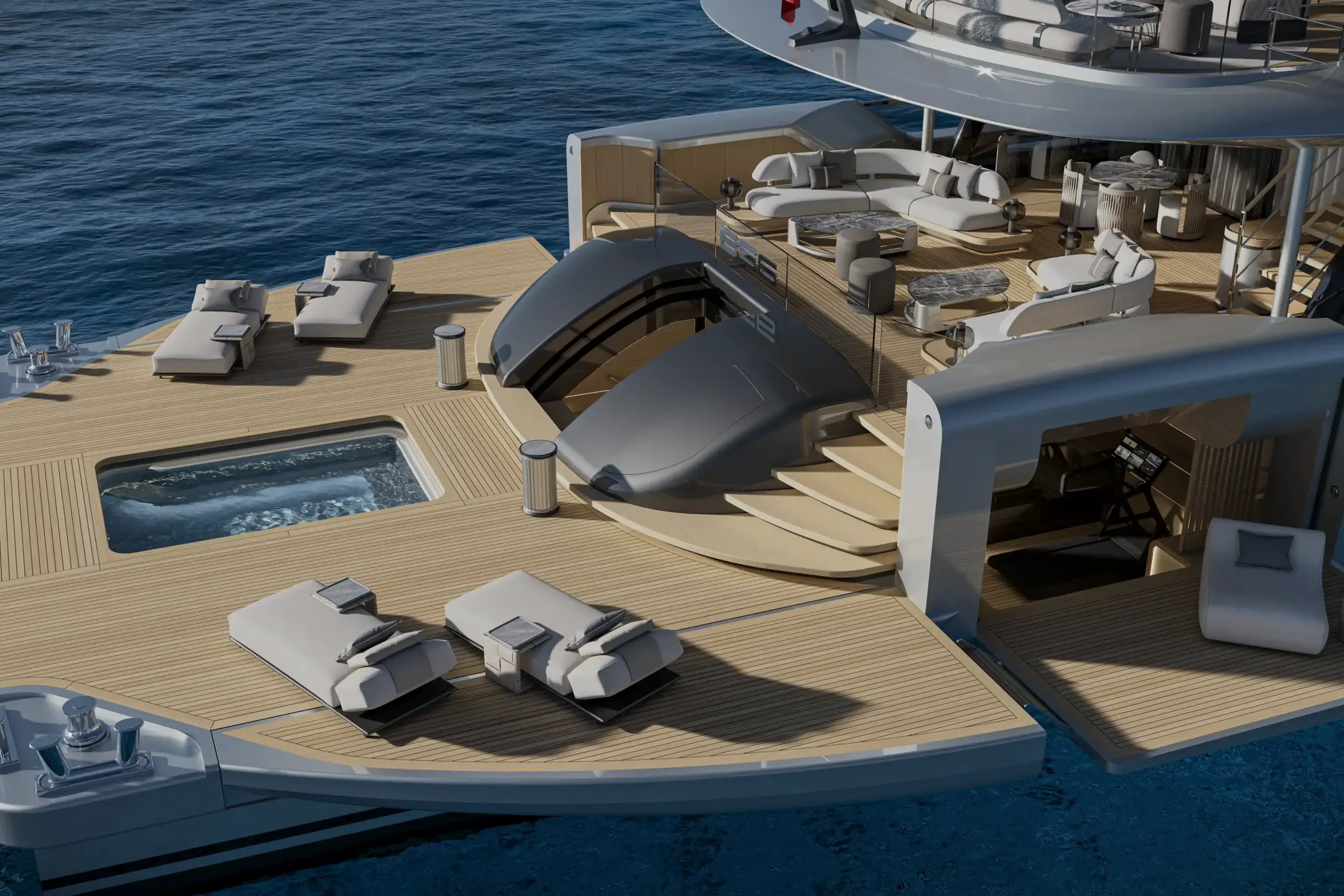 Exterior yacht rendering highlighting the flowing silhouette of Project 58