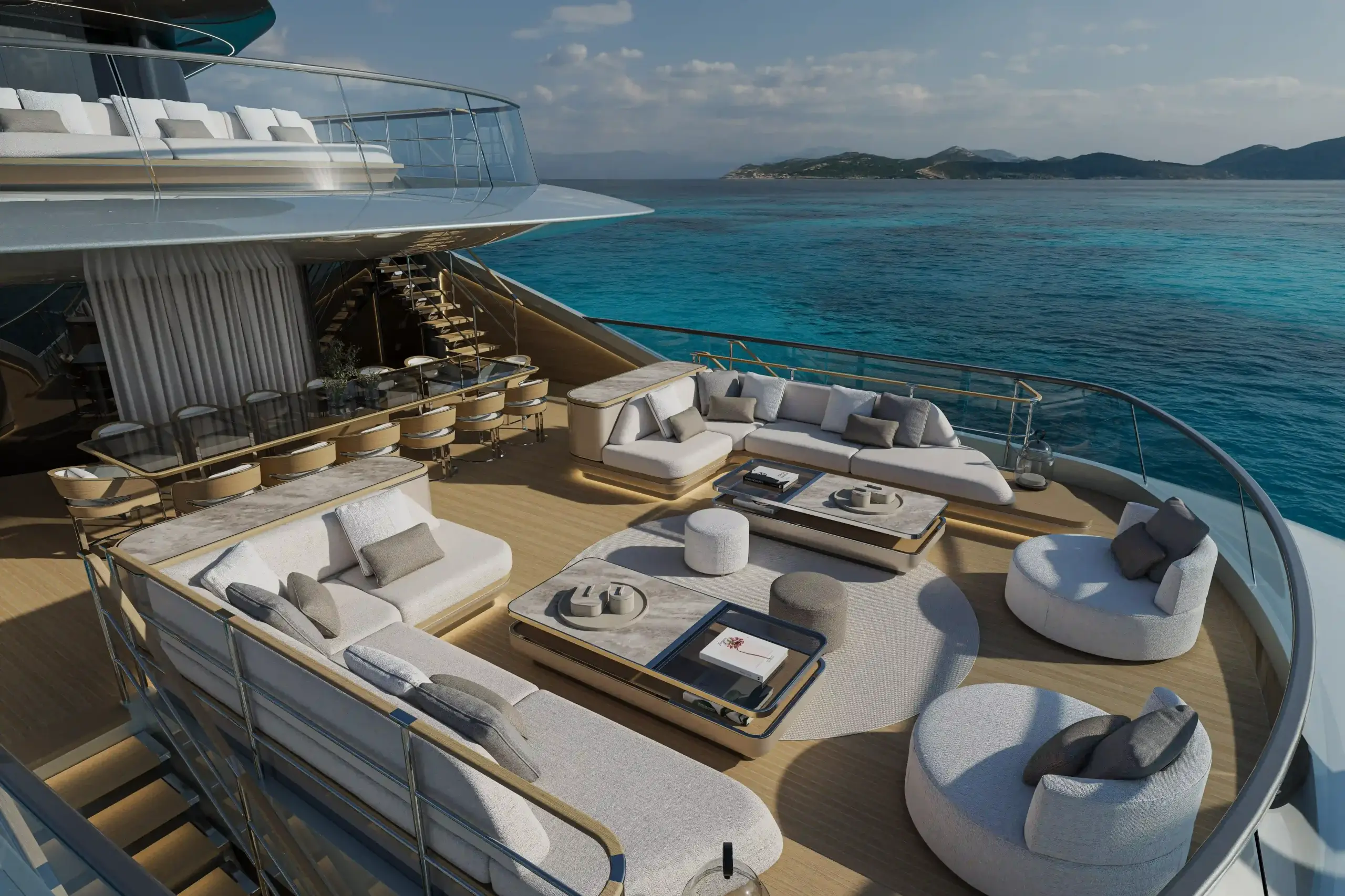 ISA GT66 photorealistic yacht rendering in a coastal environment
