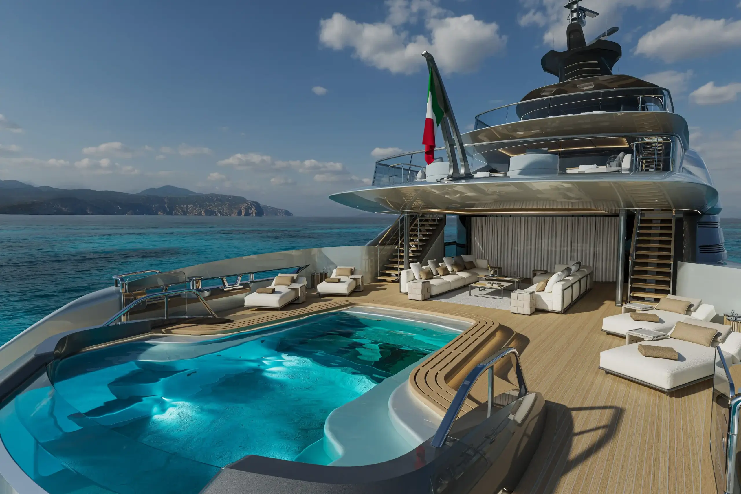 ISA GT66 luxury superyacht exterior rendering at sea