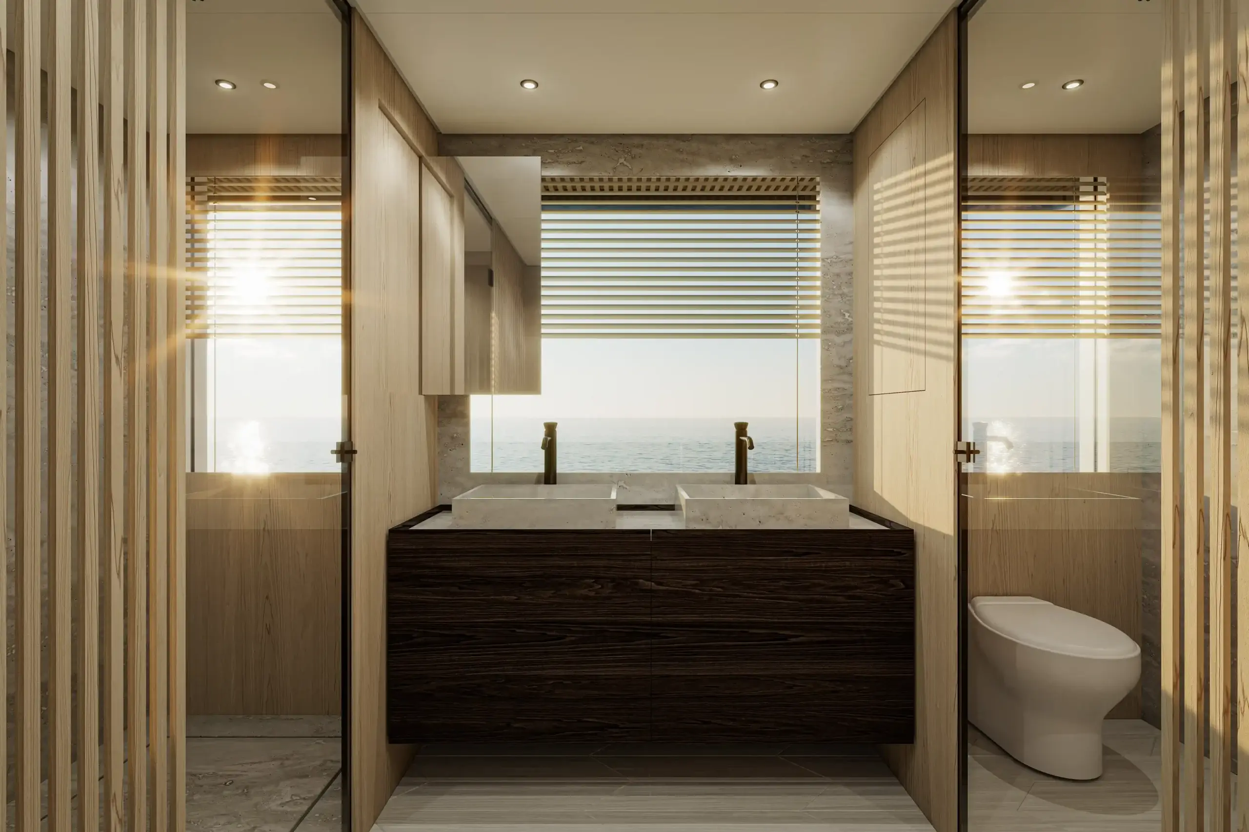 High-end yacht interior rendering highlighting refined living spaces and contemporary design