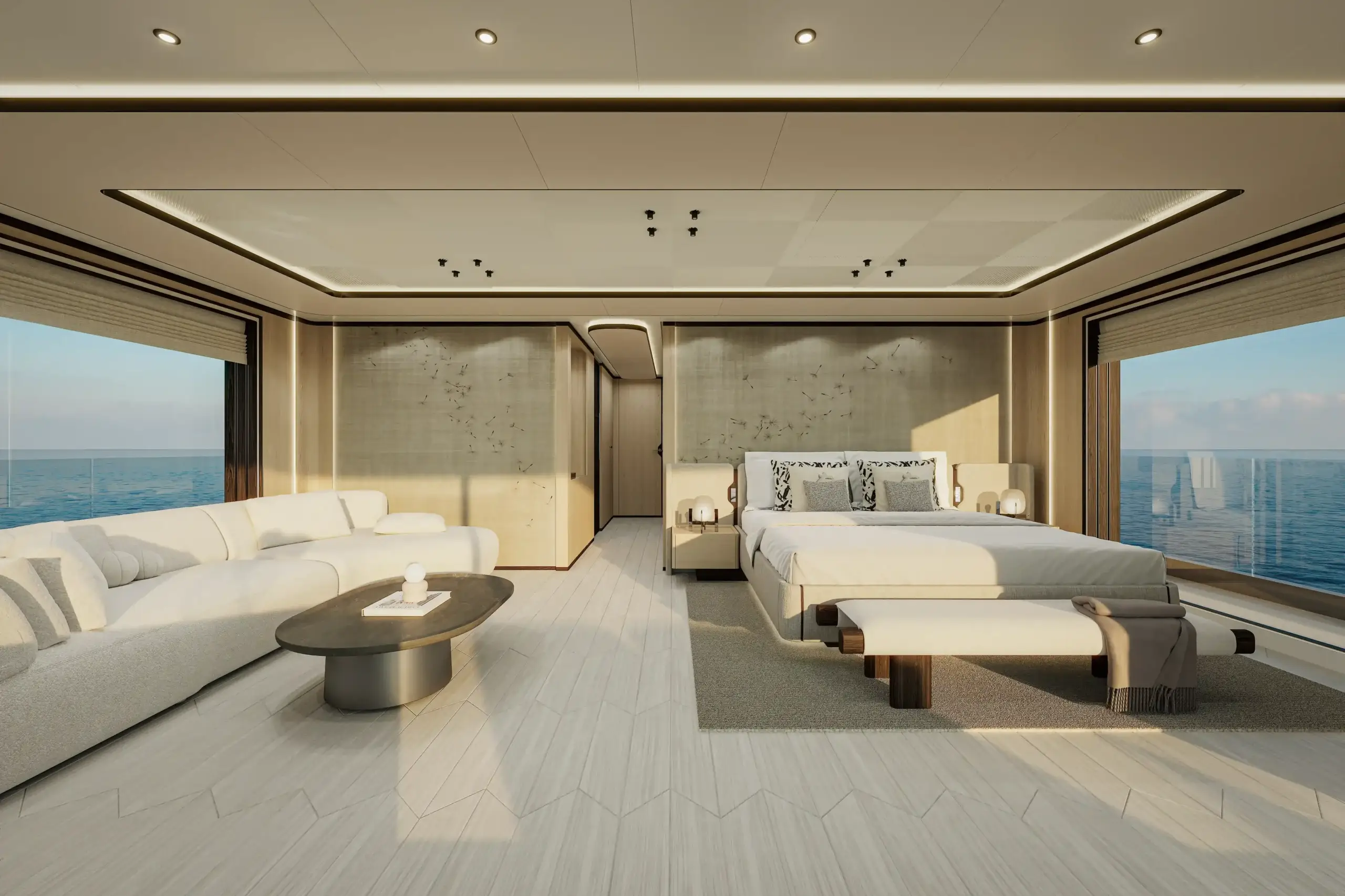 CGI yacht rendering showcasing the spacious interior of the Extra X145 Global