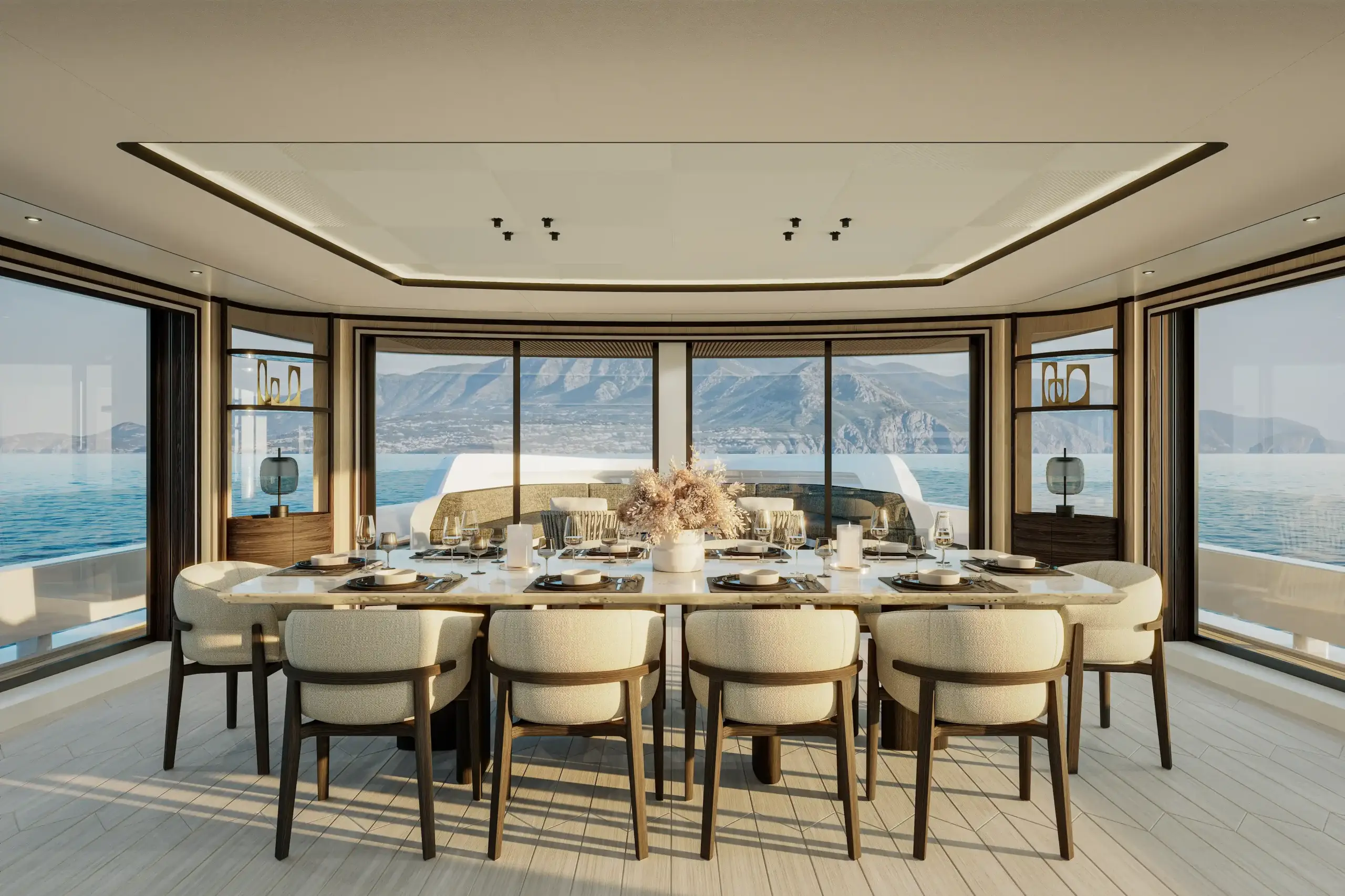 Luxury explorer yacht interior rendering featuring elegant materials and natural light